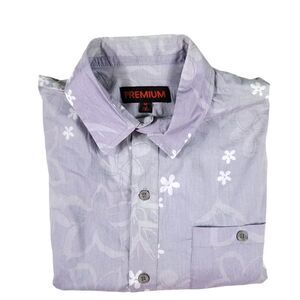 Premiums Hawaiian Grey/White Palm Trees Button Top